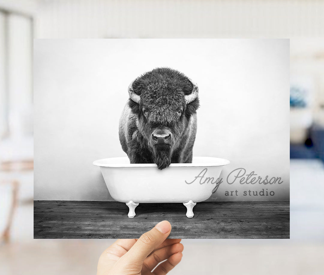 a black and white photo of a bison in a bathtub