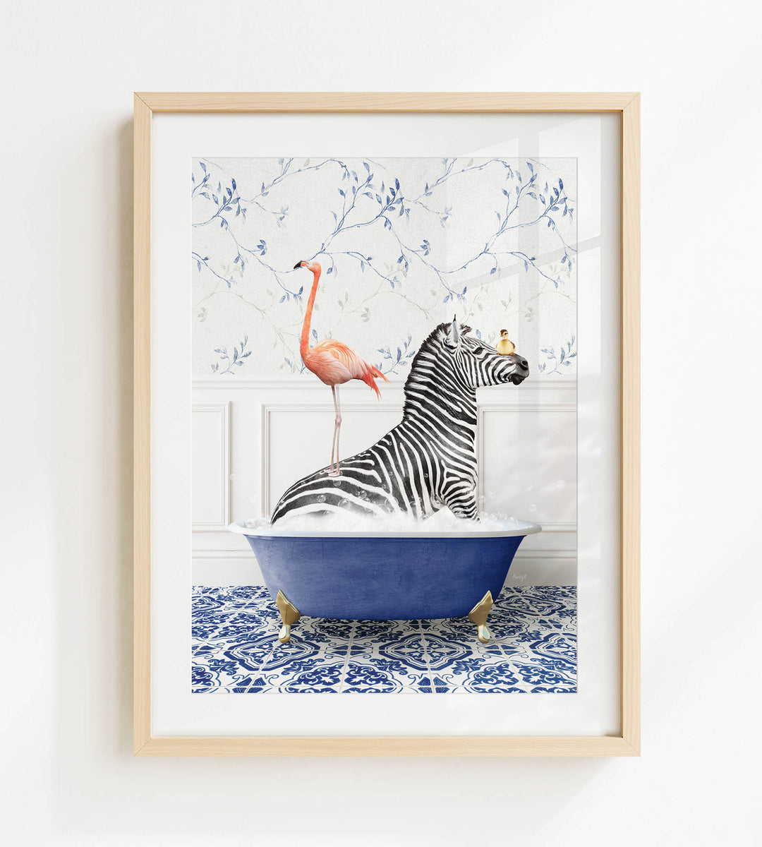 A framed image depicting a zebra sitting in a blue bathtub, with a pink flamingo standing on its back.