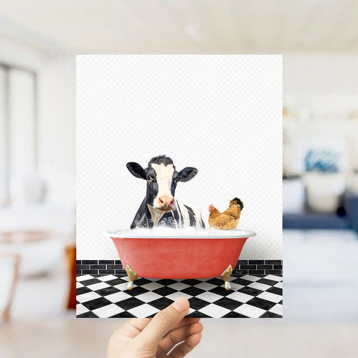 A cow and a chicken are sitting in a red bathtub filled with water, creating a whimsical and humorous scene.