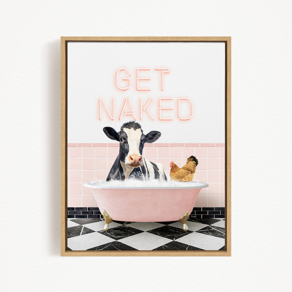 A cow sitting in a pink bathtub, with a chicken nearby, and the text "GET NAKED" displayed above the scene.