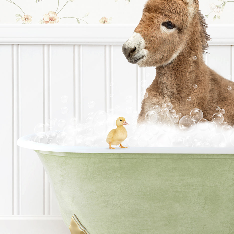 a baby donkey sitting in a bathtub filled with bubbles