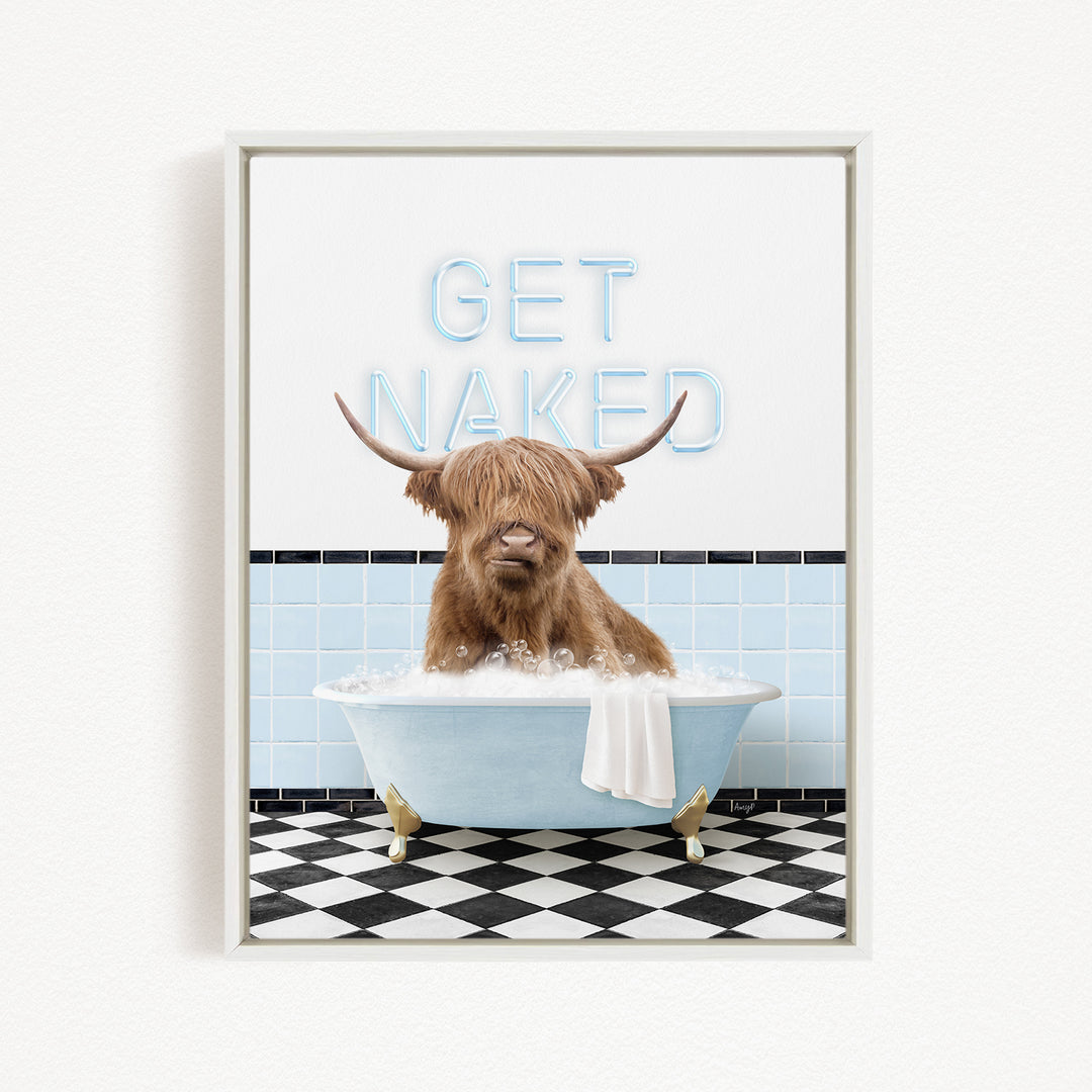 A brown cow with horns is sitting in a bathtub filled with bubbles, with the words "GET NAKED" written on the wall behind it.
