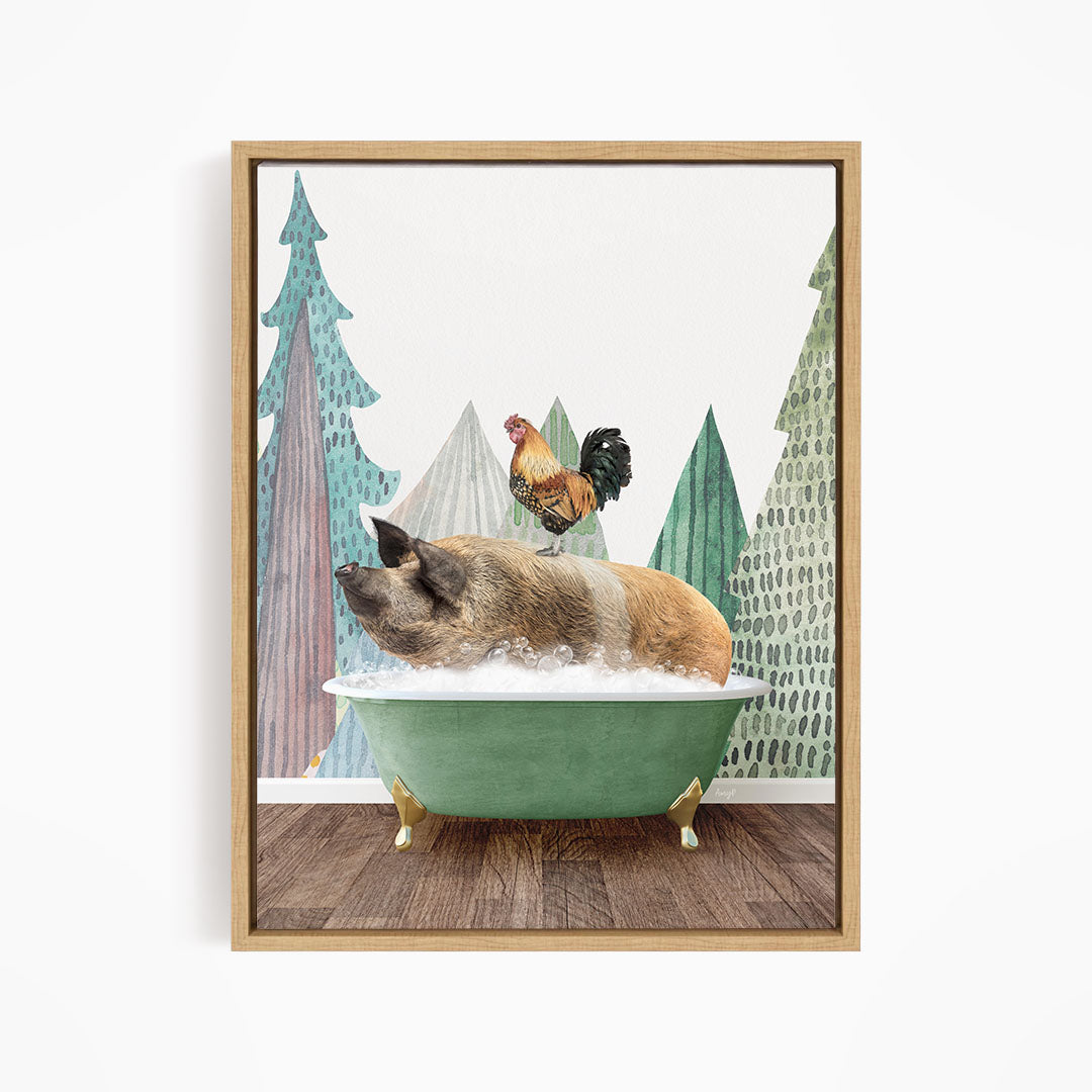 A pig is sitting in a green bathtub, surrounded by a rooster and pine trees in the background.
