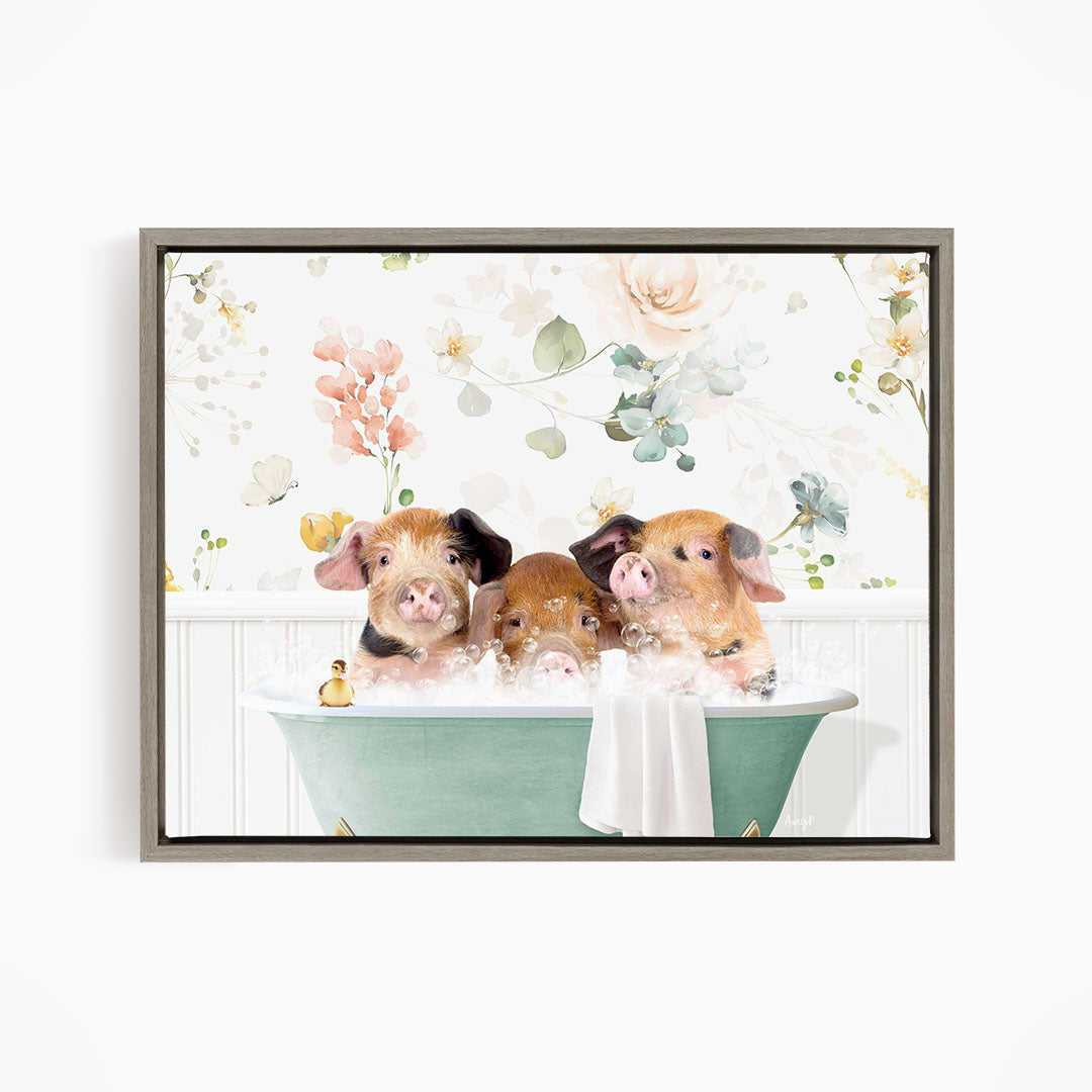 Three adorable pigs sitting in a green bathtub, enjoying a bubble bath together.