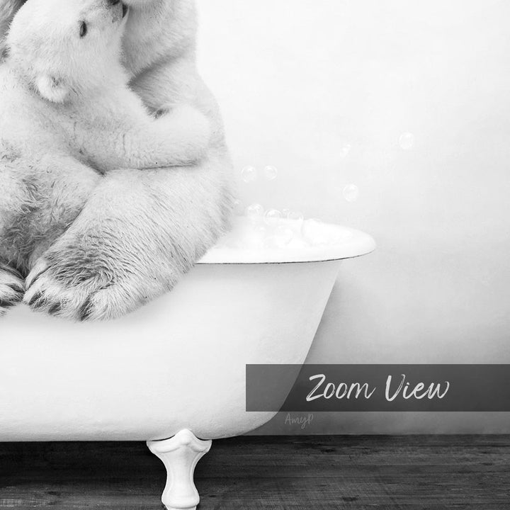 A polar bear sitting in a bathtub filled with bubbles, with the text "Zoom View" below the image.