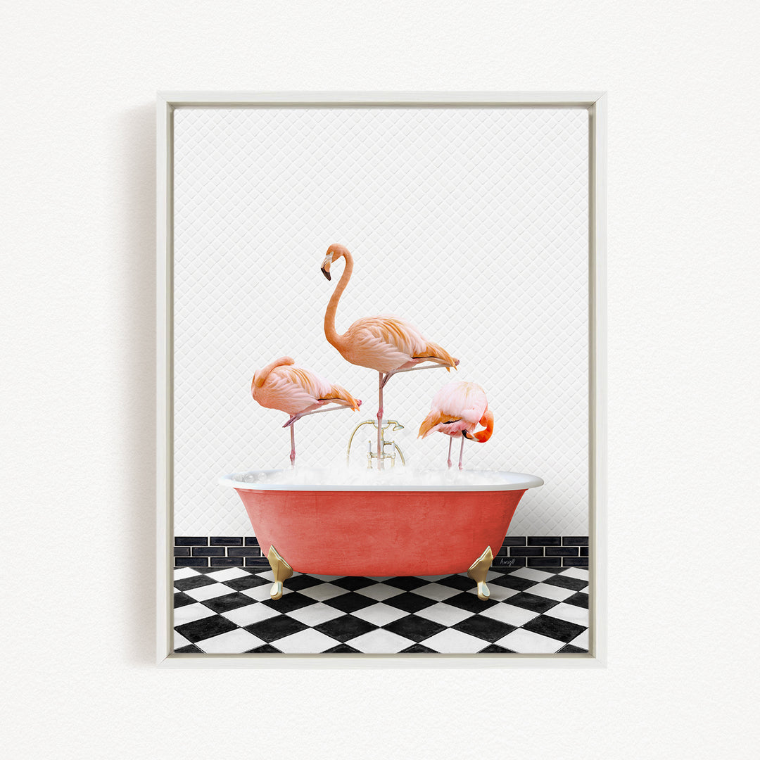 A framed image depicting three flamingos standing in a red bathtub filled with water, set against a black and white checkered floor.