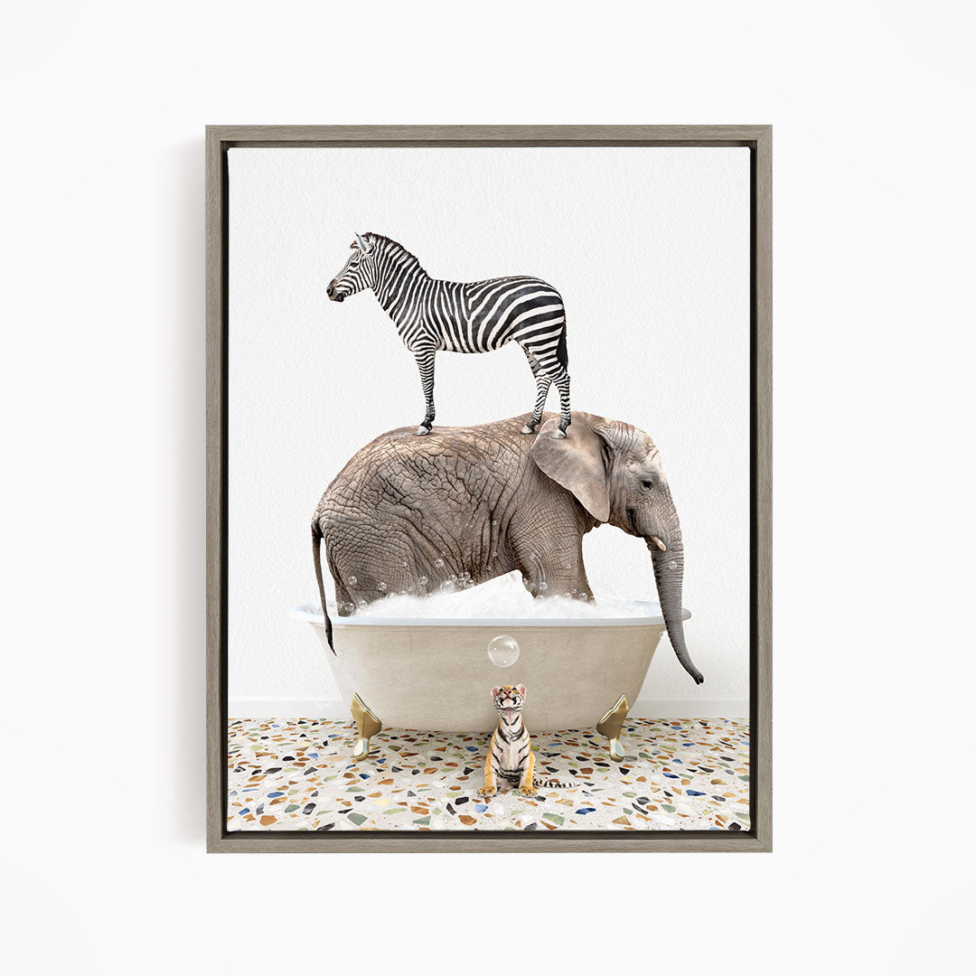 A zebra standing on an elephant's back, with an elephant submerged in a bathtub, and a tiger sitting in the tub next to the elephant.