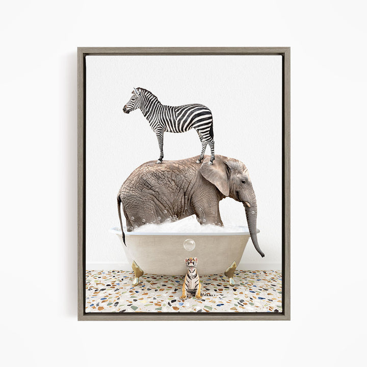 A zebra standing on an elephant's back, with an elephant submerged in a bathtub, and a tiger sitting in the tub next to the elephant.