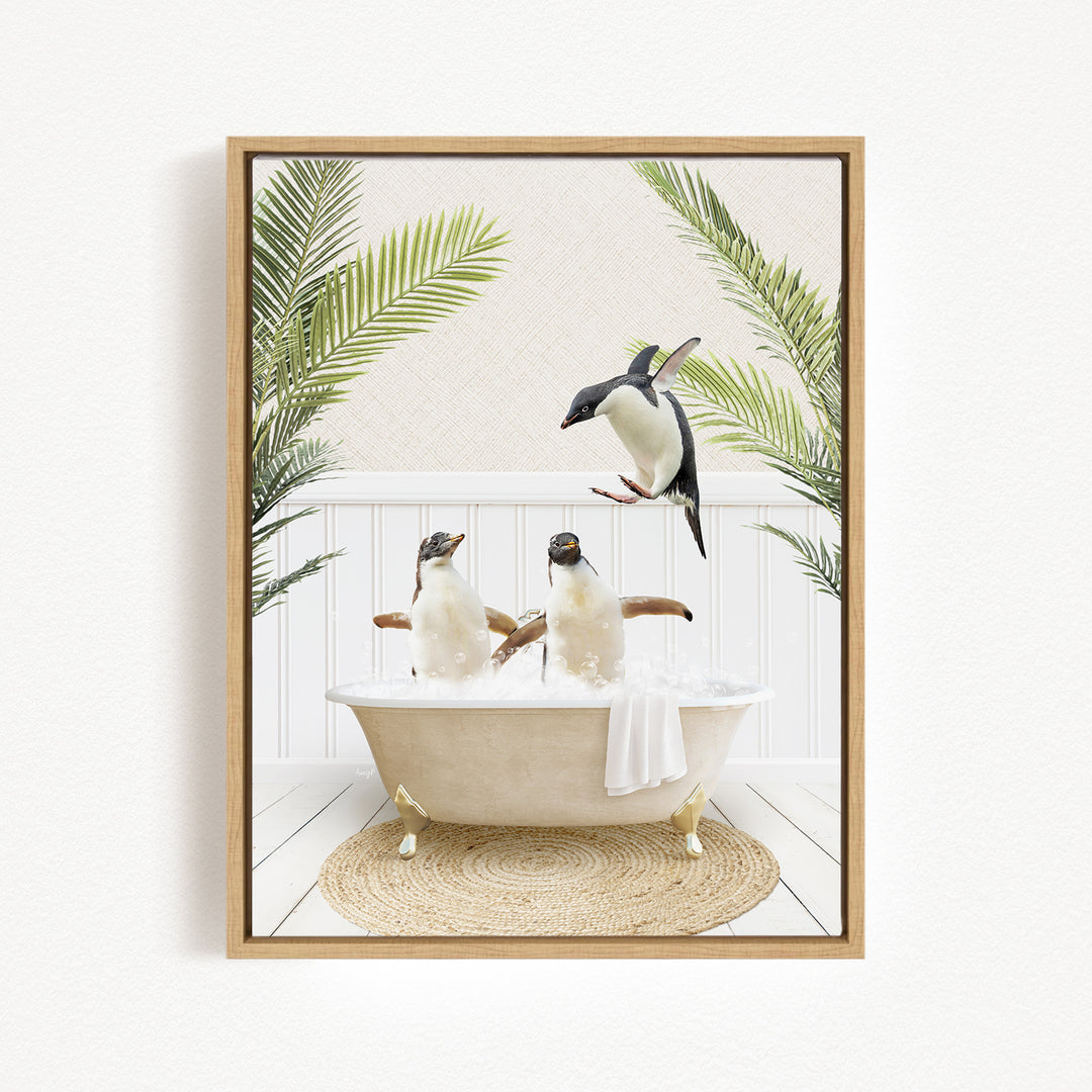 A framed image depicting three penguins sitting in a bathtub, surrounded by palm leaves, creating a whimsical and playful scene.
