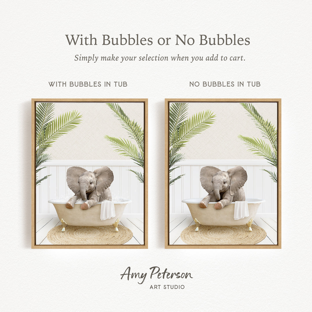 The image is a collage of two pictures featuring elephants sitting in bathtubs. The first picture has bubbles in the tub, while the second picture does not have bubbles. The text above the images reads "With Bubbles or No Bubbles Simply make your selection when you add to cart."