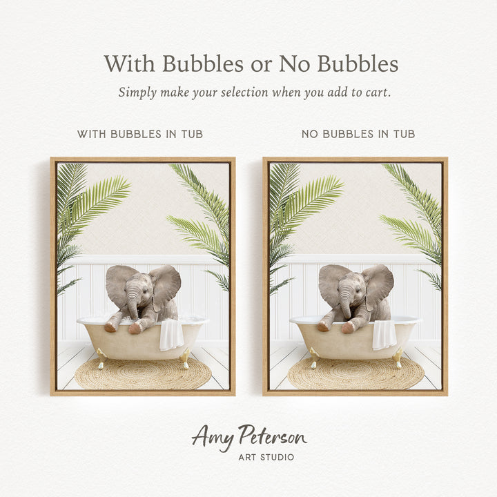 The image is a collage of two pictures featuring elephants sitting in bathtubs. The first picture has bubbles in the tub, while the second picture does not have bubbles. The text above the images reads "With Bubbles or No Bubbles Simply make your selection when you add to cart."