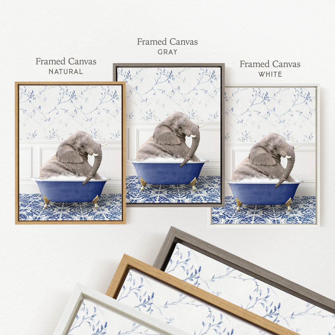 a gray elephant sitting in a blue bathtub, surrounded by a patterned blue and white design.