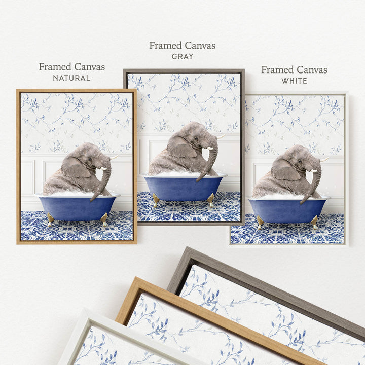 a gray elephant sitting in a blue bathtub, surrounded by a patterned blue and white design.