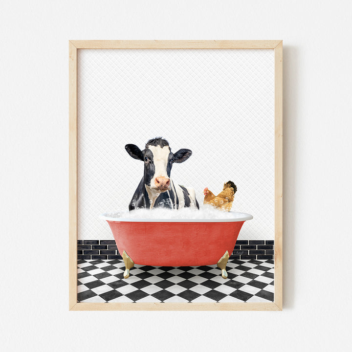 a cow is taking a bath in a red bathtub