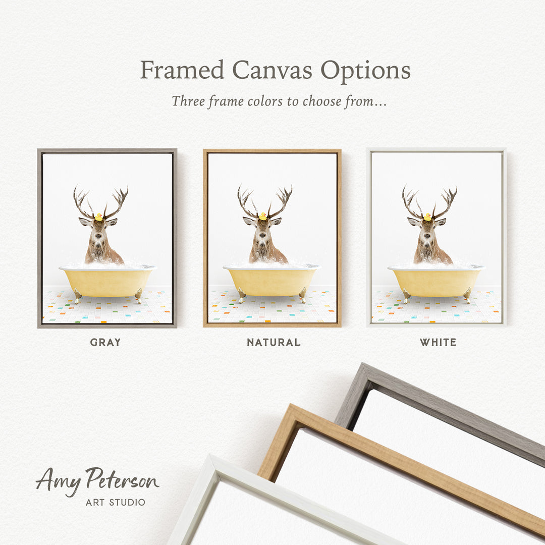 three framed canvas options featuring a deer in a bathtub, each with a different frame color: gray, natural, and white.