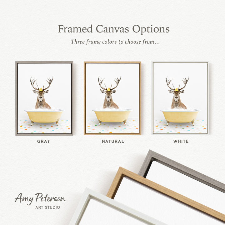 three framed canvas options featuring a deer in a bathtub, each with a different frame color: gray, natural, and white.