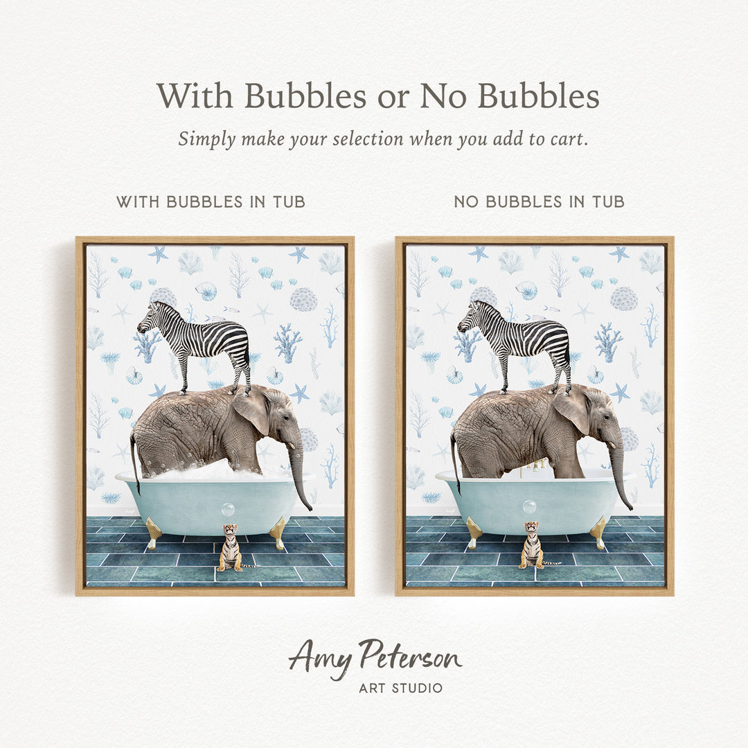 The image is a collage of two framed pictures depicting a zebra standing on an elephant's back while both animals are in a bathtub.