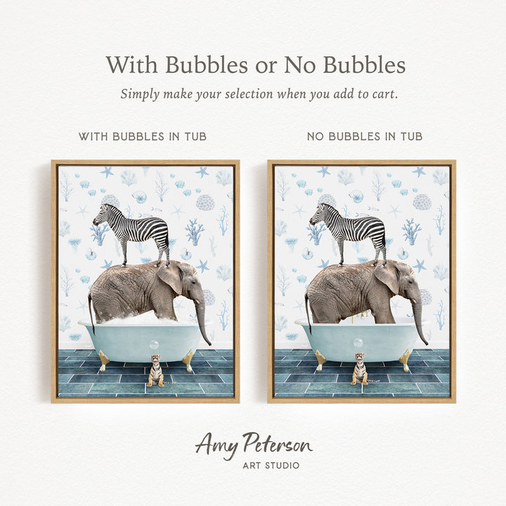 The image is a collage of two framed pictures depicting a zebra standing on an elephant's back while both animals are in a bathtub.