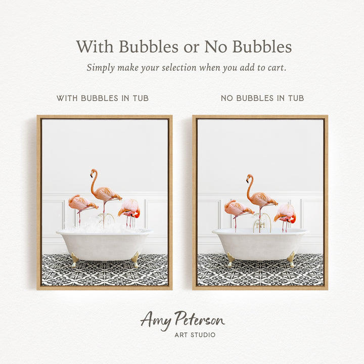 The image is a framed print featuring a white bathtub with two flamingos sitting in it. The text above the image states that it is a customizable option, allowing the viewer to choose whether to include bubbles or not. The text below the image indicates that the bathtub is either "with bubbles" or "no bubbles" depending on the viewer's preference.