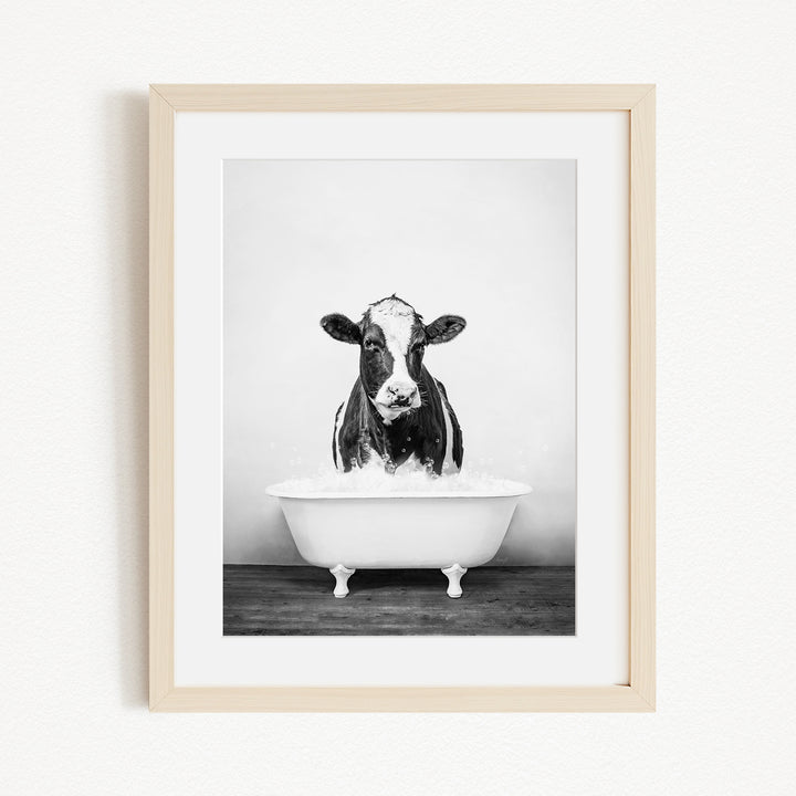A black and white photograph of a cow standing in a bathtub filled with water.