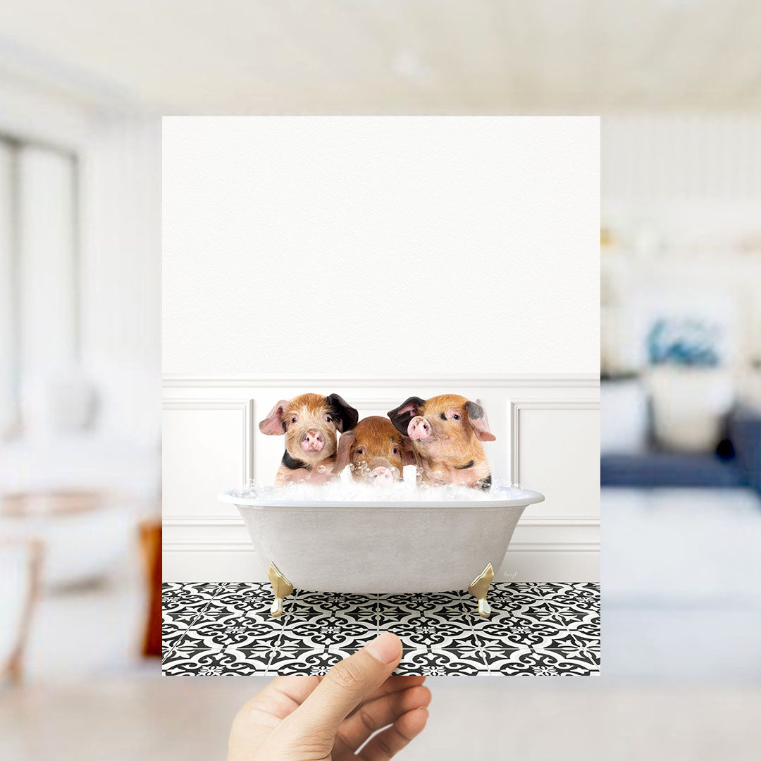Three adorable pigs sitting in a white bathtub filled with bubbles, creating a playful and whimsical scene.