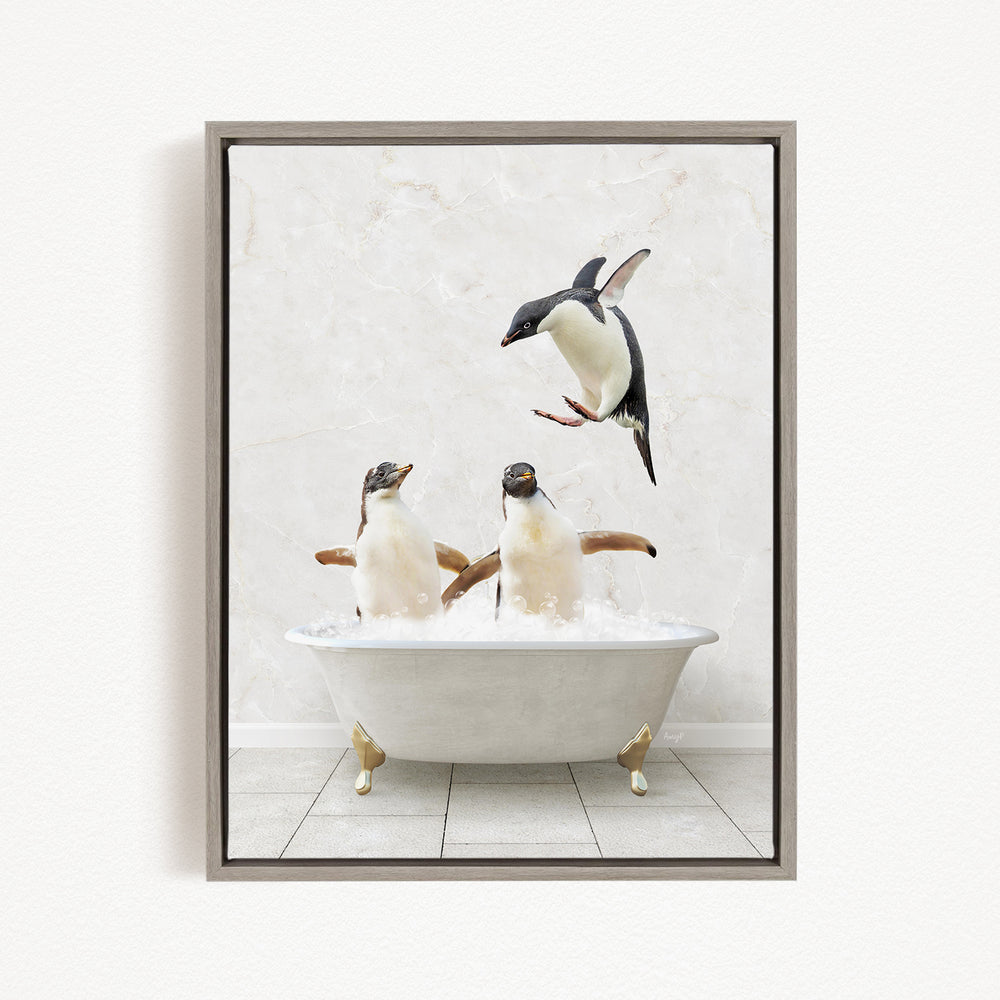 A framed image depicting two penguins sitting in a bathtub, with one penguin flying towards the other penguin.