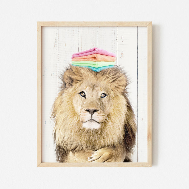 a picture of a lion with a multicolored hat on its head