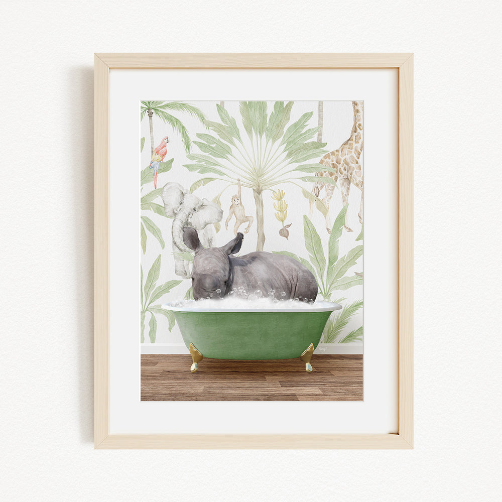 A framed print depicting a rhinoceros sitting in a green bathtub, surrounded by tropical foliage and animals.