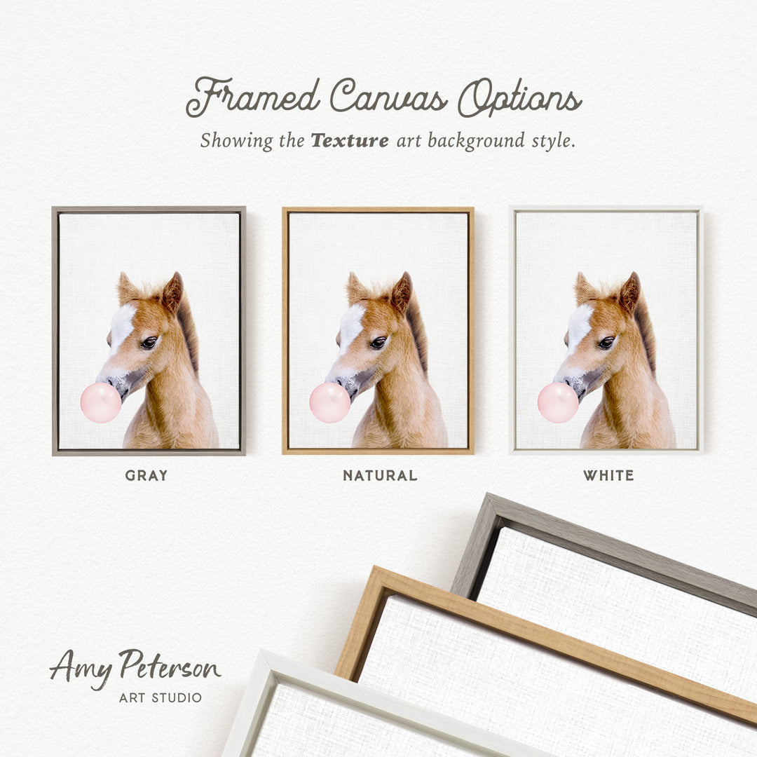 three framed canvas options, each with a different background color: gray, natural, and white. The text above the images reads " Framed Canvas Options" and "Showing the Texture art background style." The text below the images reads " Amy Peterson ART STUDIO".