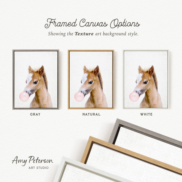 three framed canvas options, each with a different background color: gray, natural, and white. The text above the images reads " Framed Canvas Options" and "Showing the Texture art background style." The text below the images reads " Amy Peterson ART STUDIO".