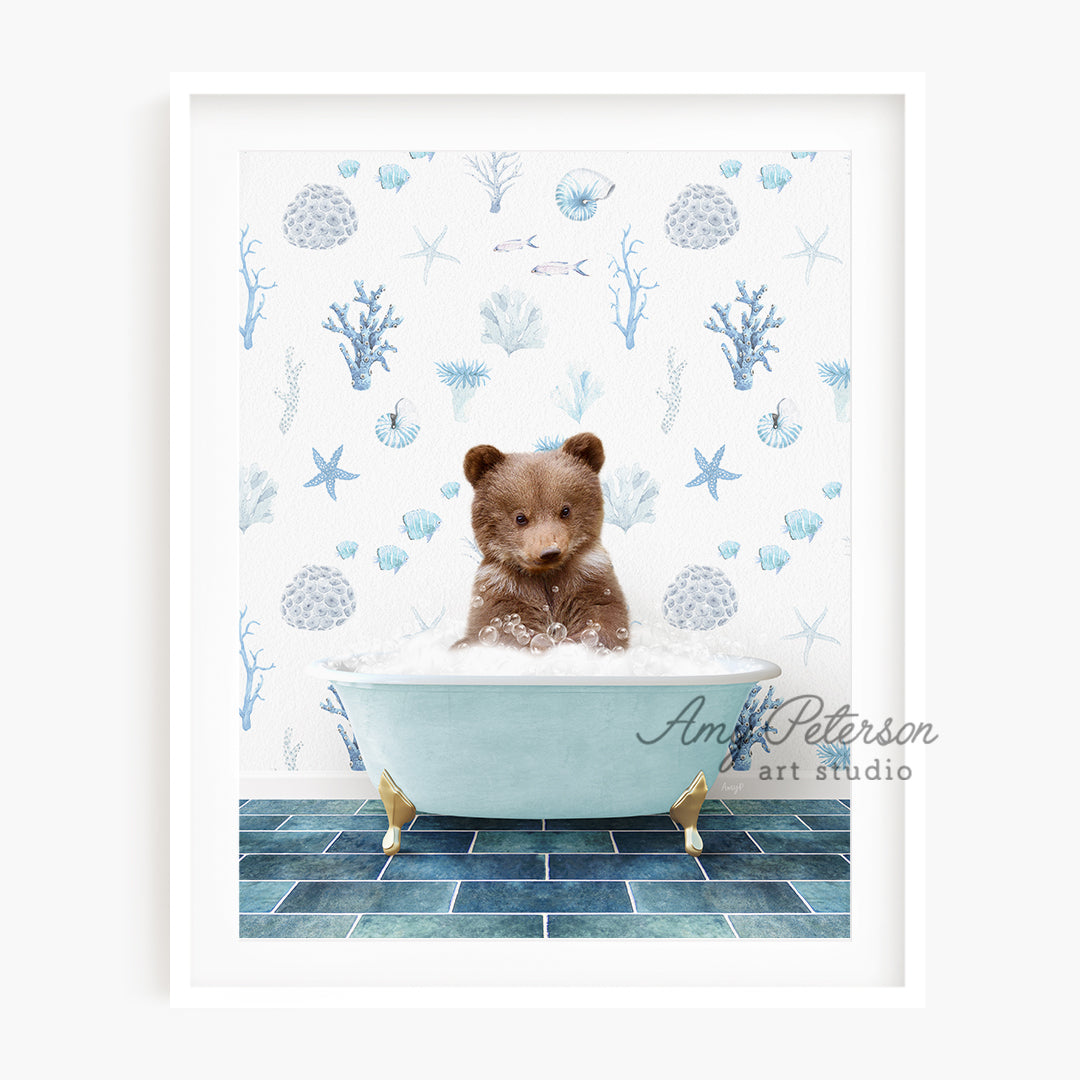 a brown teddy bear sitting in a bath tub