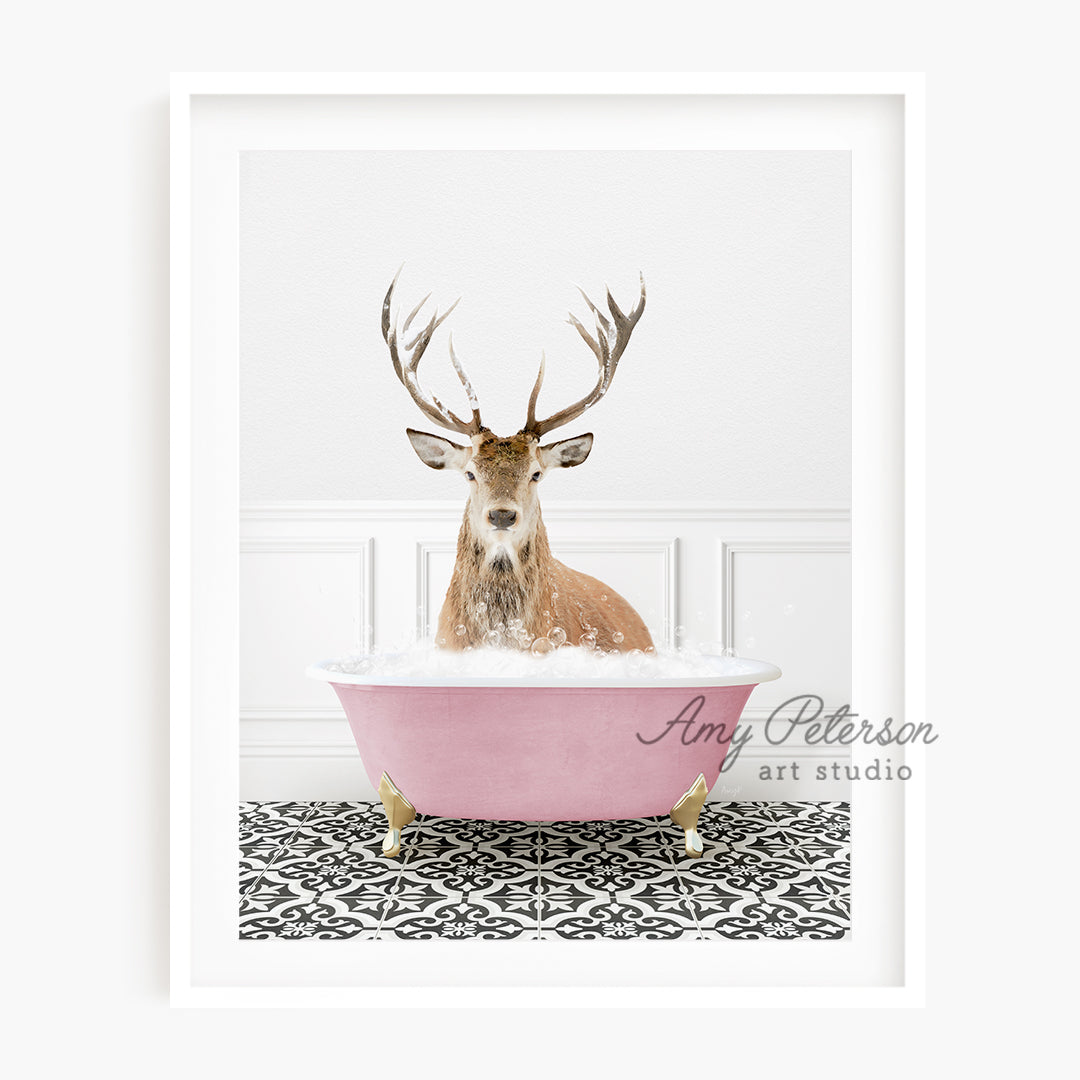 a deer sitting in a bathtub with antlers on its head