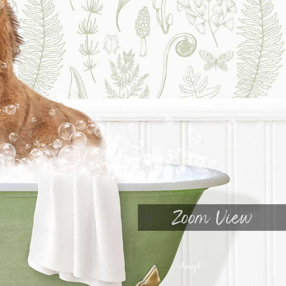 A dog is sitting in a green bathtub filled with bubbles, with a towel draped over the side.