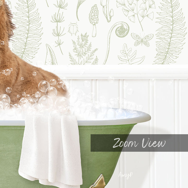 A dog is sitting in a green bathtub filled with bubbles, with a towel draped over the side.
