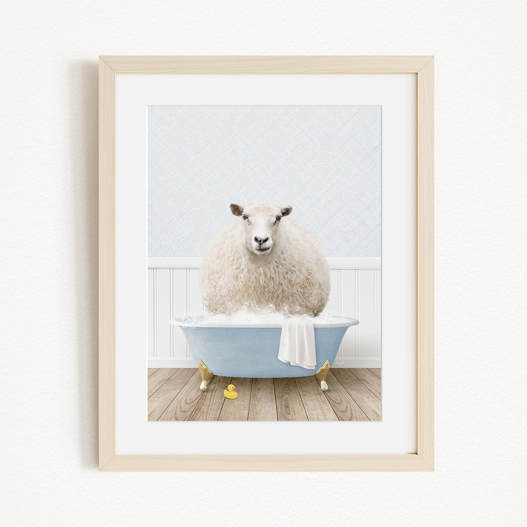 A fluffy white sheep sits in a blue bathtub, surrounded by yellow rubber duckies, creating a whimsical and playful scene.