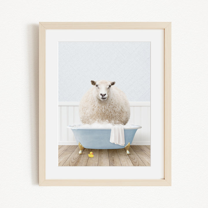 A fluffy white sheep sits in a blue bathtub, surrounded by yellow rubber duckies, creating a whimsical and playful scene.