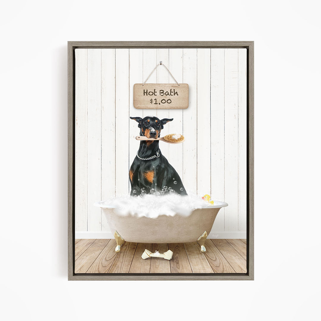 A black and brown dog is sitting in a white bathtub filled with bubbles, with a sign above the tub that reads "Hot Bath $1.00".