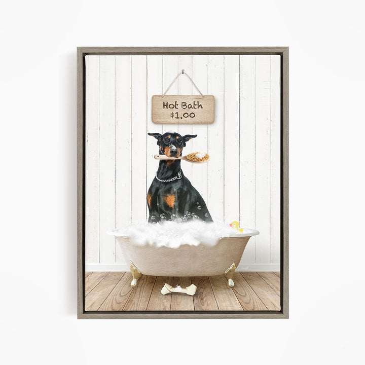 A black and brown dog is sitting in a white bathtub filled with bubbles, with a sign above the tub that reads "Hot Bath $1.00".