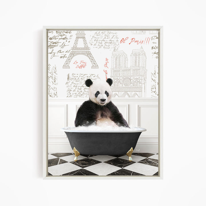 A panda bear sitting in a bathtub filled with bubbles, surrounded by a wall with various inscriptions and illustrations, including the Eiffel Tower.