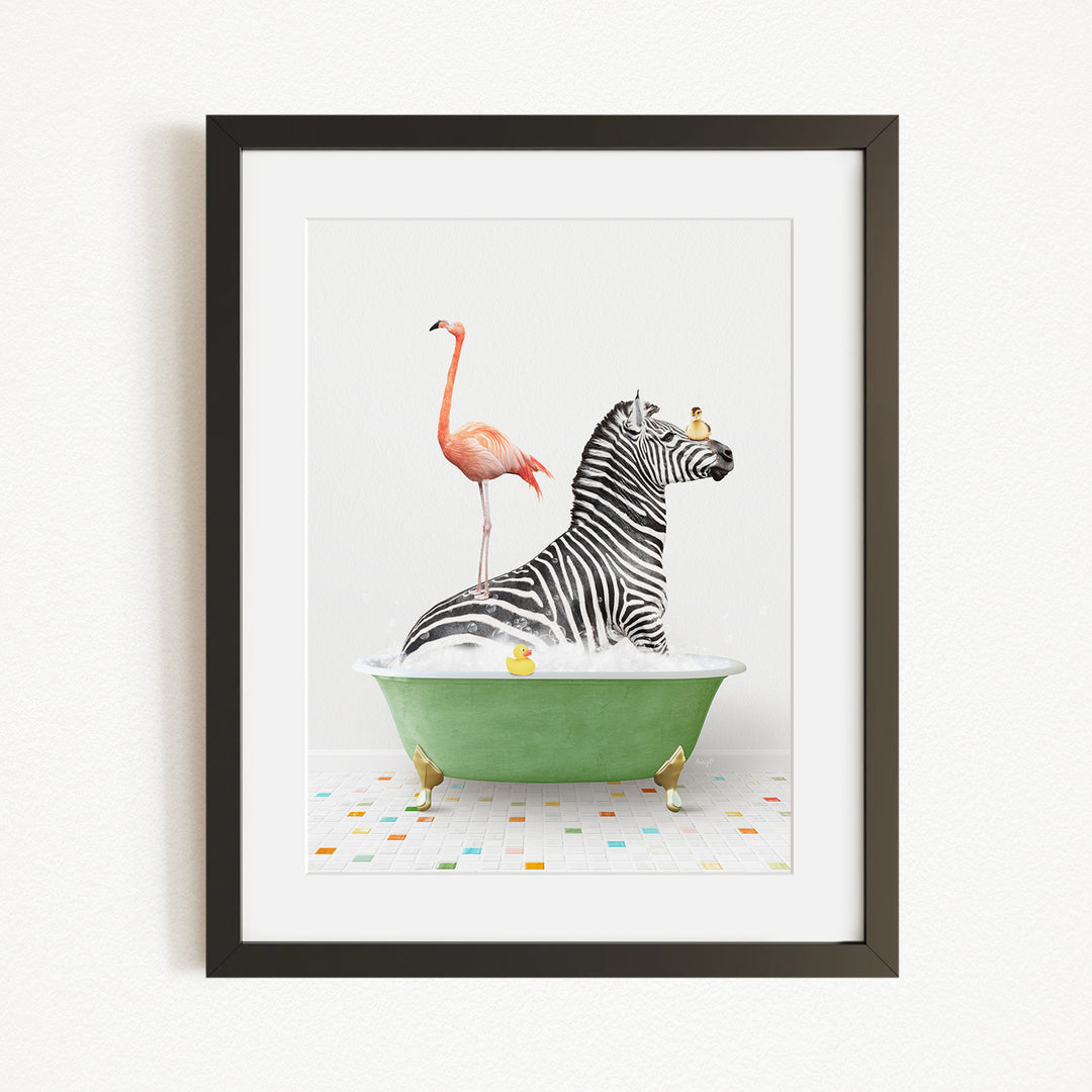 A framed image depicting a zebra standing in a green bathtub, with a flamingo perched on the zebra's back and a bird sitting on the zebra's head.