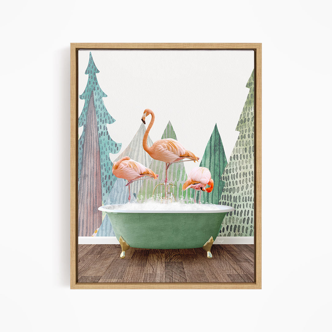 A framed image depicting three pink flamingos standing in a green bathtub, with a forest-themed background.