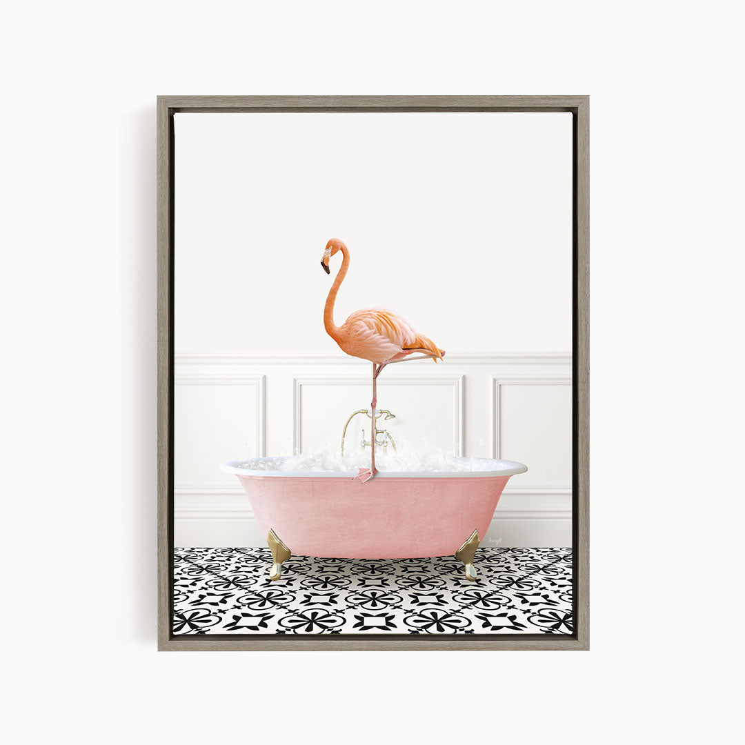 A pink flamingo stands on the edge of a pink bathtub filled with water, creating a whimsical and playful scene.