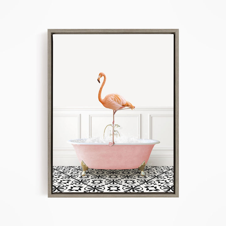 A pink flamingo stands on the edge of a pink bathtub filled with water, creating a whimsical and playful scene.
