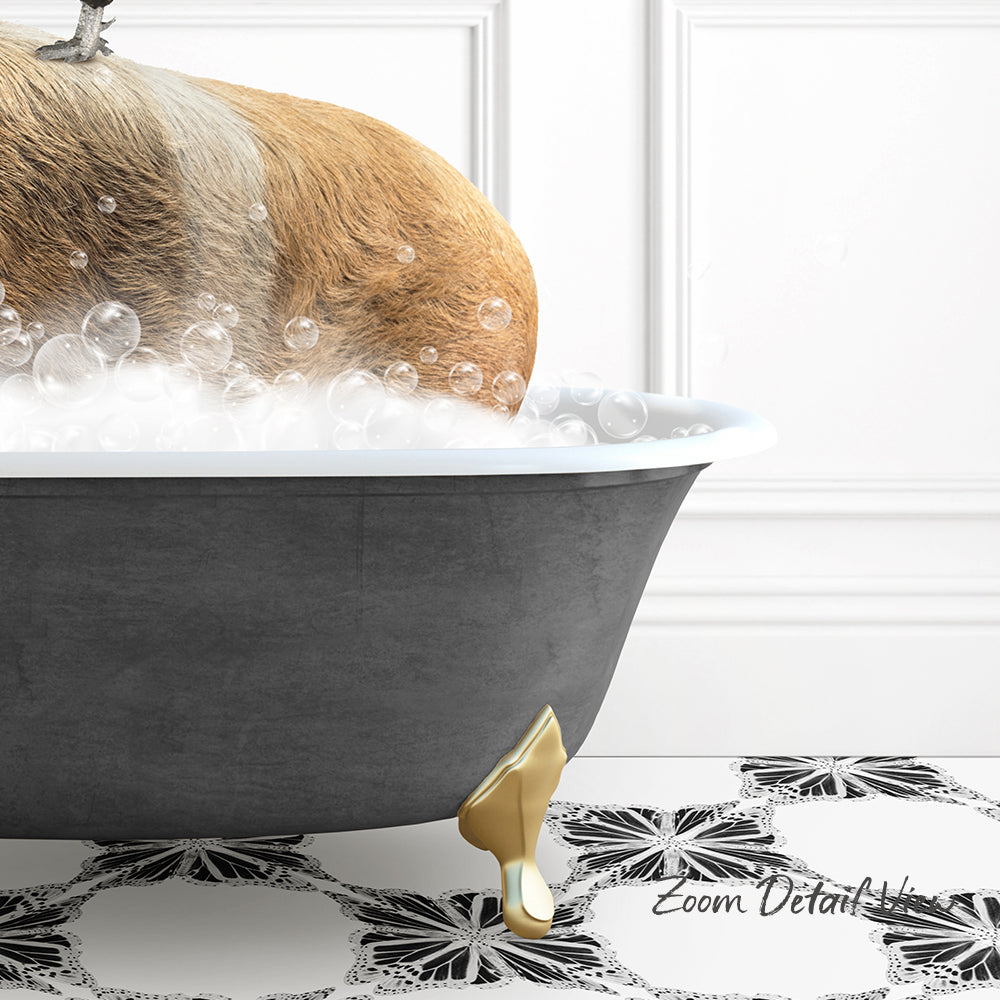 A dog is taking a bath in a bathtub filled with bubbles, with a gold claw-like object on the side of the tub.