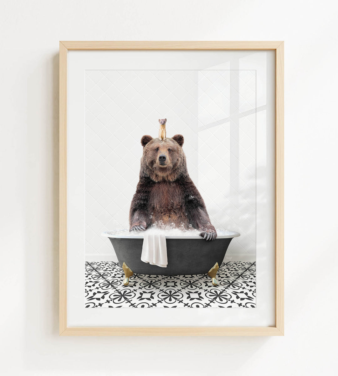 A brown bear sitting in a bathtub filled with water, with a small bird perched on its head.