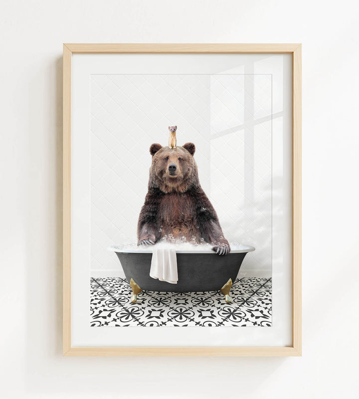 A brown bear sitting in a bathtub filled with water, with a small bird perched on its head.
