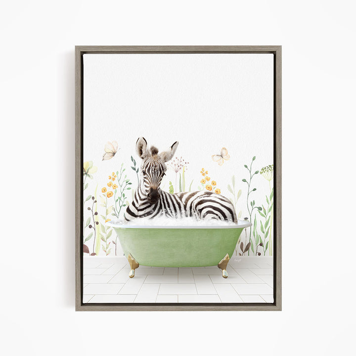 A zebra is sitting in a green bathtub, surrounded by flowers and butterflies, creating a whimsical and playful scene.