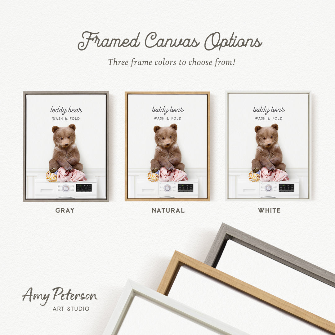 three framed canvas options for a teddy bear, each with a different frame color: gray, natural, and white.