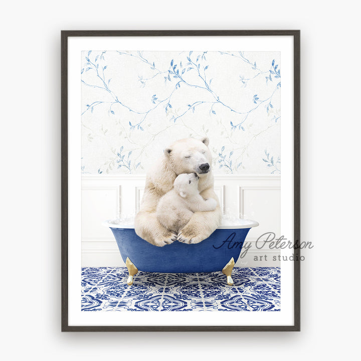 a polar bear and her cub are sitting in a bathtub