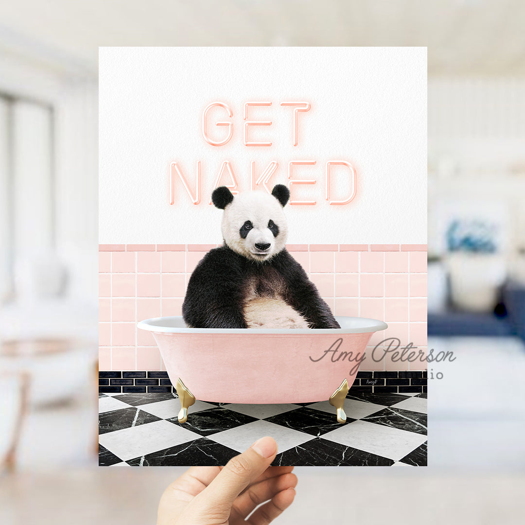 a person holding up a card with a panda in a bathtub